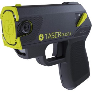 Close-up of a Taser Pulse 2 stun gun in black and yellow, highlighting safety features and modern design.