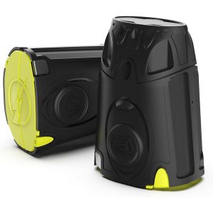 Black and yellow portable battery chargers with modern design for electronic devices.