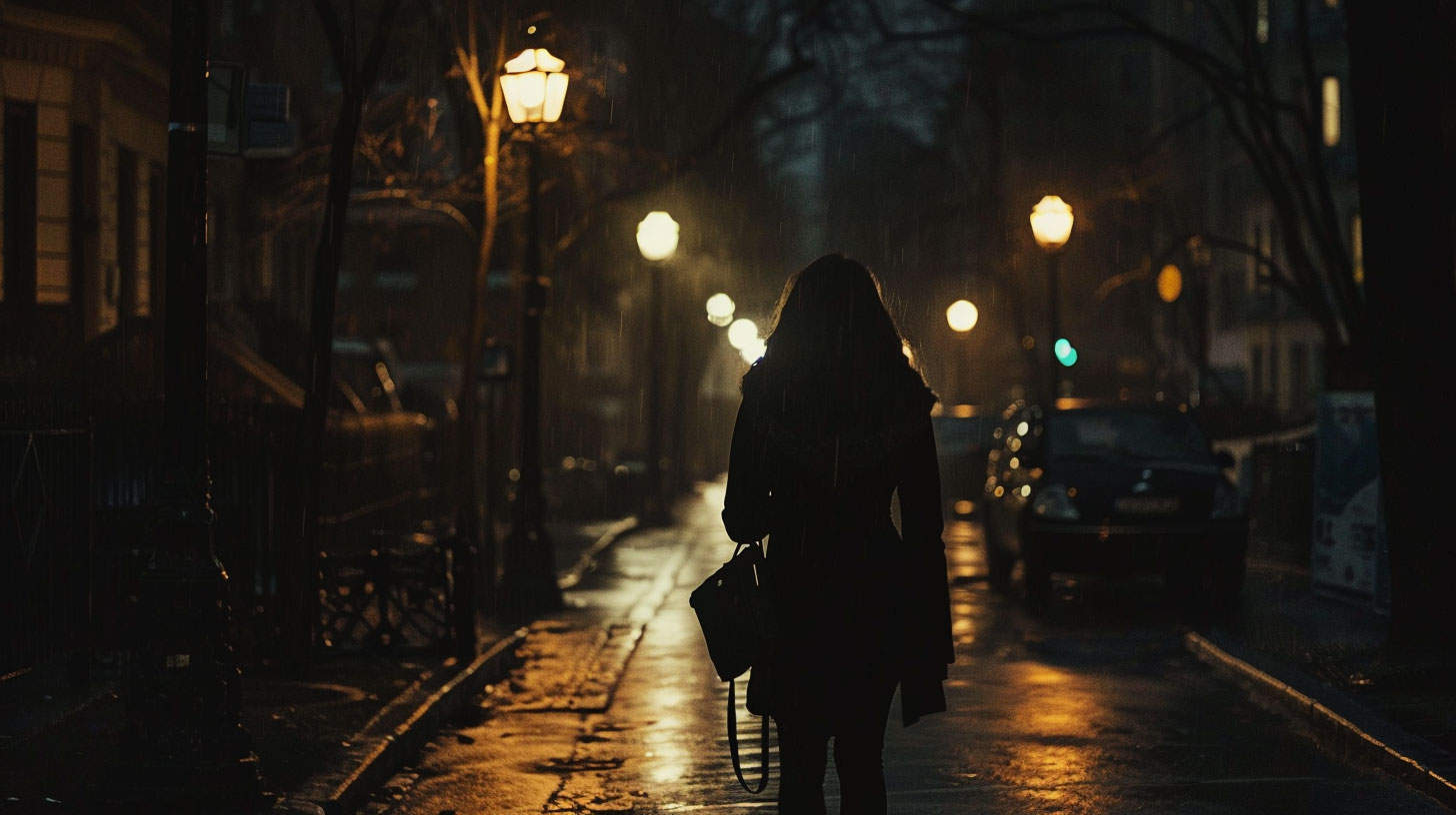 An Urban Street Dimly Lit Woman Walking Confidently