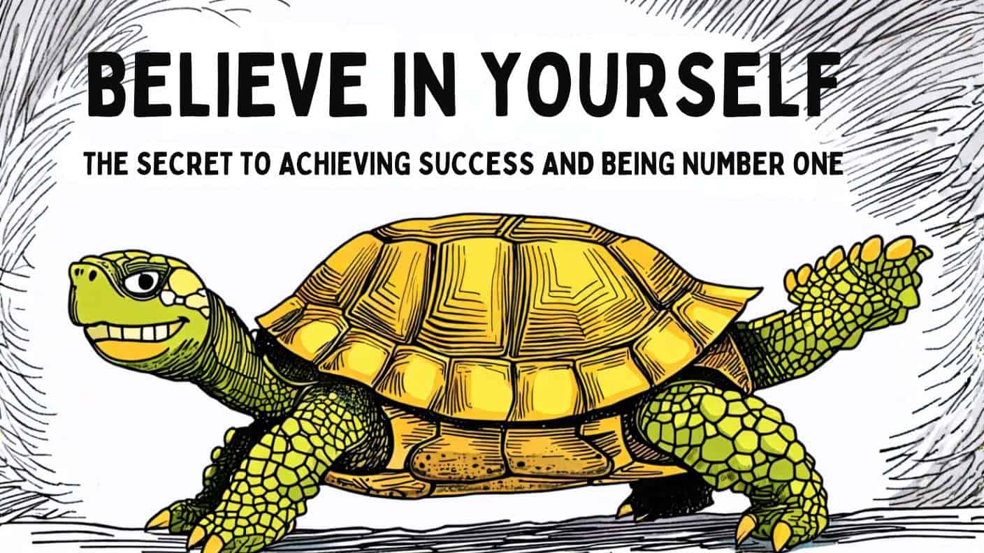 Cartoon turtle with Believe in Yourself text, encouraging perseverance and success.