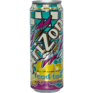 Arizona Iced Tea can with lemon flavor, featuring colorful design and branding, 23 fl oz.