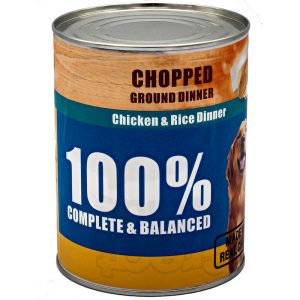 Canned dog food with chicken and rice, labeled 100% Complete & Balanced. Perfect for a healthy, nutritious pet meal.