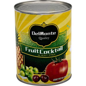 Del Monte Fruit Cocktail in heavy syrup can, 30oz, with a vibrant yellow label featuring assorted fruits.