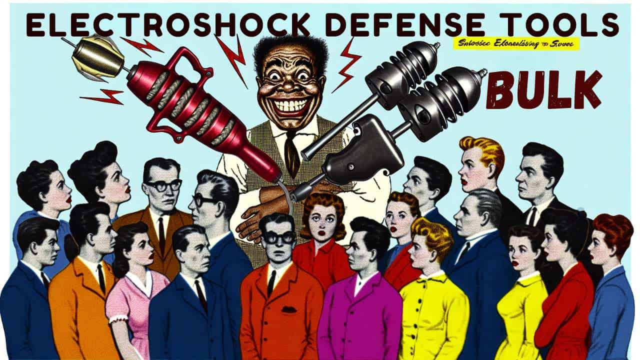 Vintage poster of electroshock defense tools held by a smiling person, surrounded by colorful onlookers.