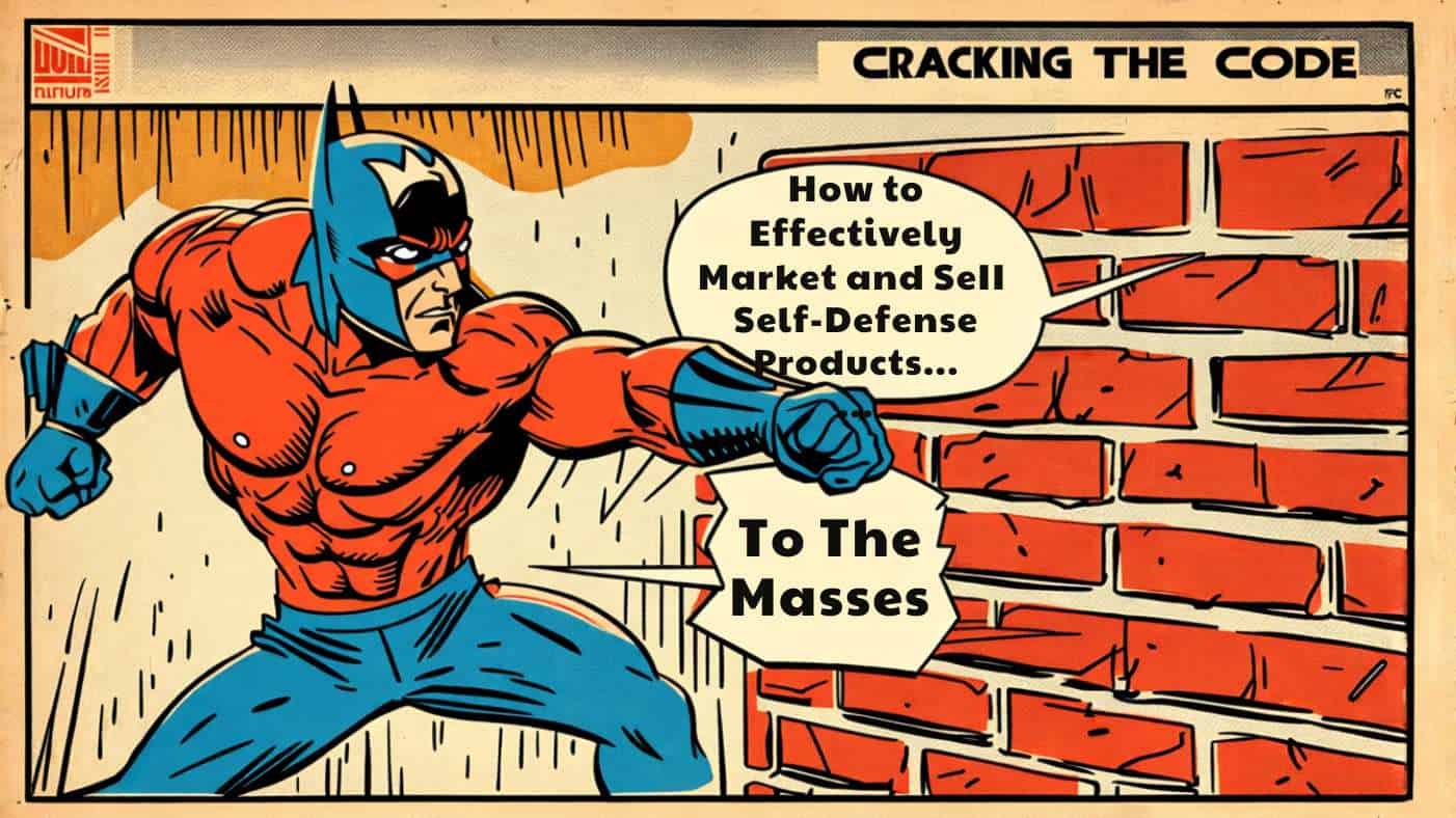 Comic superhero breaking through a brick wall with a speech bubble on marketing self-defense products.