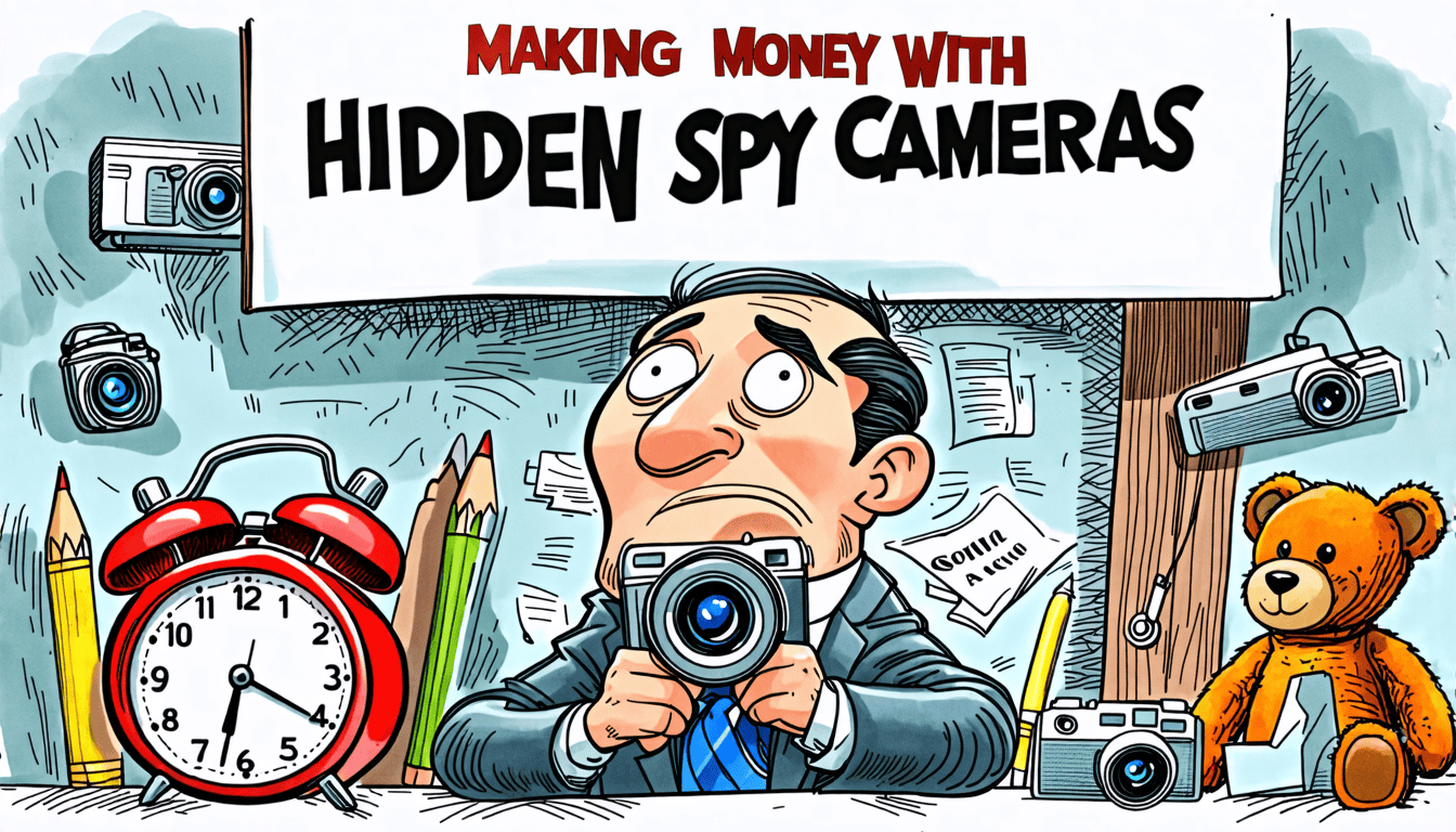 Cartoon man with hidden spy cameras, surrounded by gadgets and a teddy bear, under a Making Money with Hidden Spy Cameras sign.