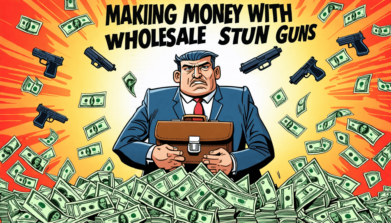 Comic businessman with cash and guns, promoting wholesale stun gun profits.