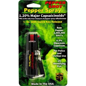 Pepper Shot pepper spray packaging with key release, 1.20% major capsaicinoids, 2 million SHU, for police and civilian use.