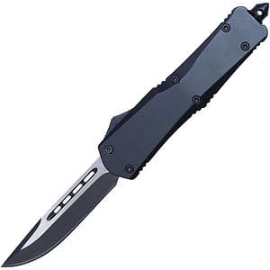 Sleek black tactical knife with partially serrated blade, perfect for outdoor and survival use.