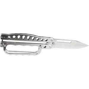 Silver butterfly knife with open blade on white background.