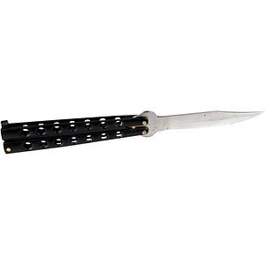 Butterfly knife with a black perforated handle, shown open with a stainless steel blade.