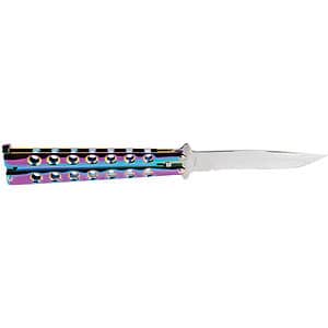 Colorful butterfly knife with a stainless steel blade and perforated handle, ideal for flipping tricks.