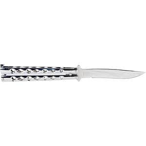 Silver butterfly knife with a closed handle and sleek blade on a white background.