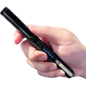 Hand holding a sleek black laser pointer with blue LED indicators.