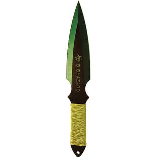 Green biohazard knife with dual-edged blade and yellow handle, perfect for collectors or themed displays.