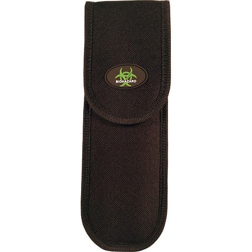 Black fabric pouch with biohazard logo, protective and compact storage accessory.