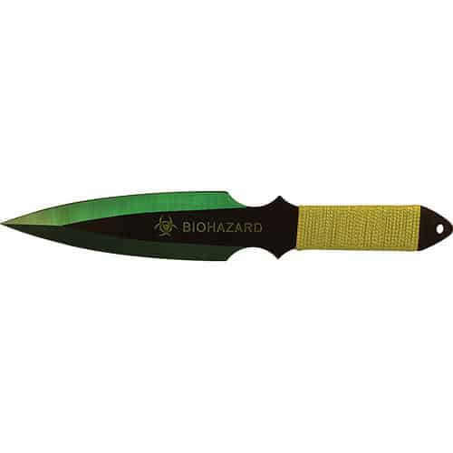 Green biohazard throwing knife with a sleek blade and textured grip handle, perfect for collectors and enthusiasts.