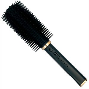 Electric round styling brush with black bristles and gold accents for smooth hair and volume.