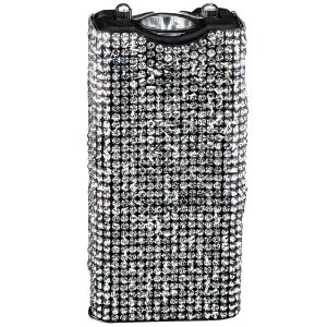 Sparkling rhinestone-covered stun gun with flashlight, stylish personal safety device in black and silver.