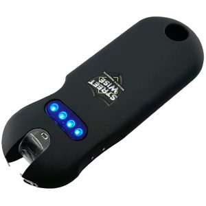 Black stun gun with LED indicator lights, branded Streetwise. Compact self-defense tool with a safety switch.