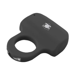 Black self-defense keychain alarm device with a logo, featuring a sturdy grip and compact design for personal safety.