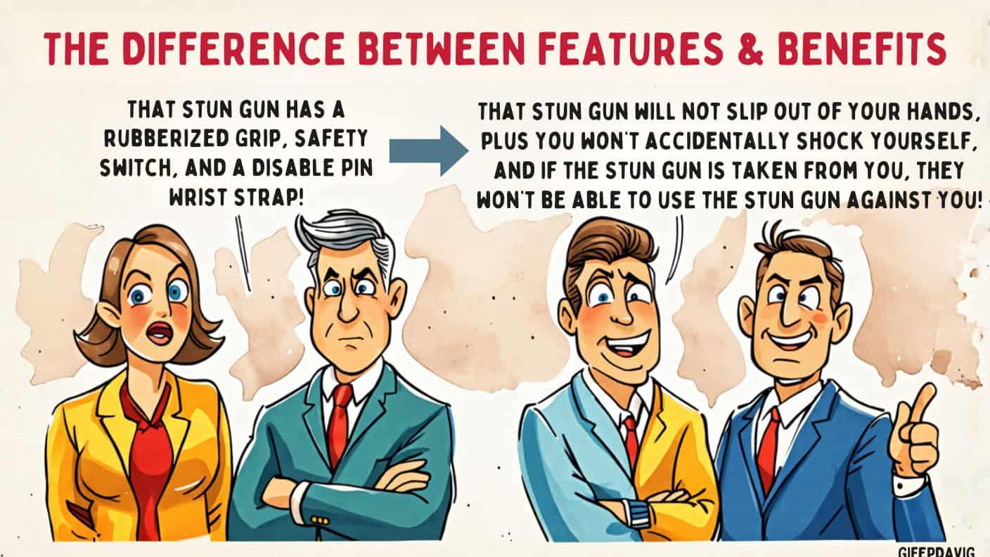 Cartoon illustrating the difference between features and benefits using a stun gun as an example.