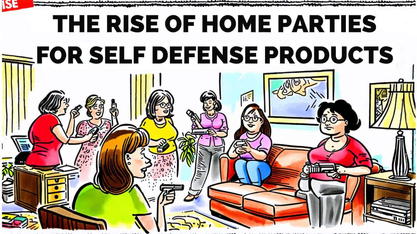 Women at a home party examine self-defense products; a growing trend in personal safety gatherings.