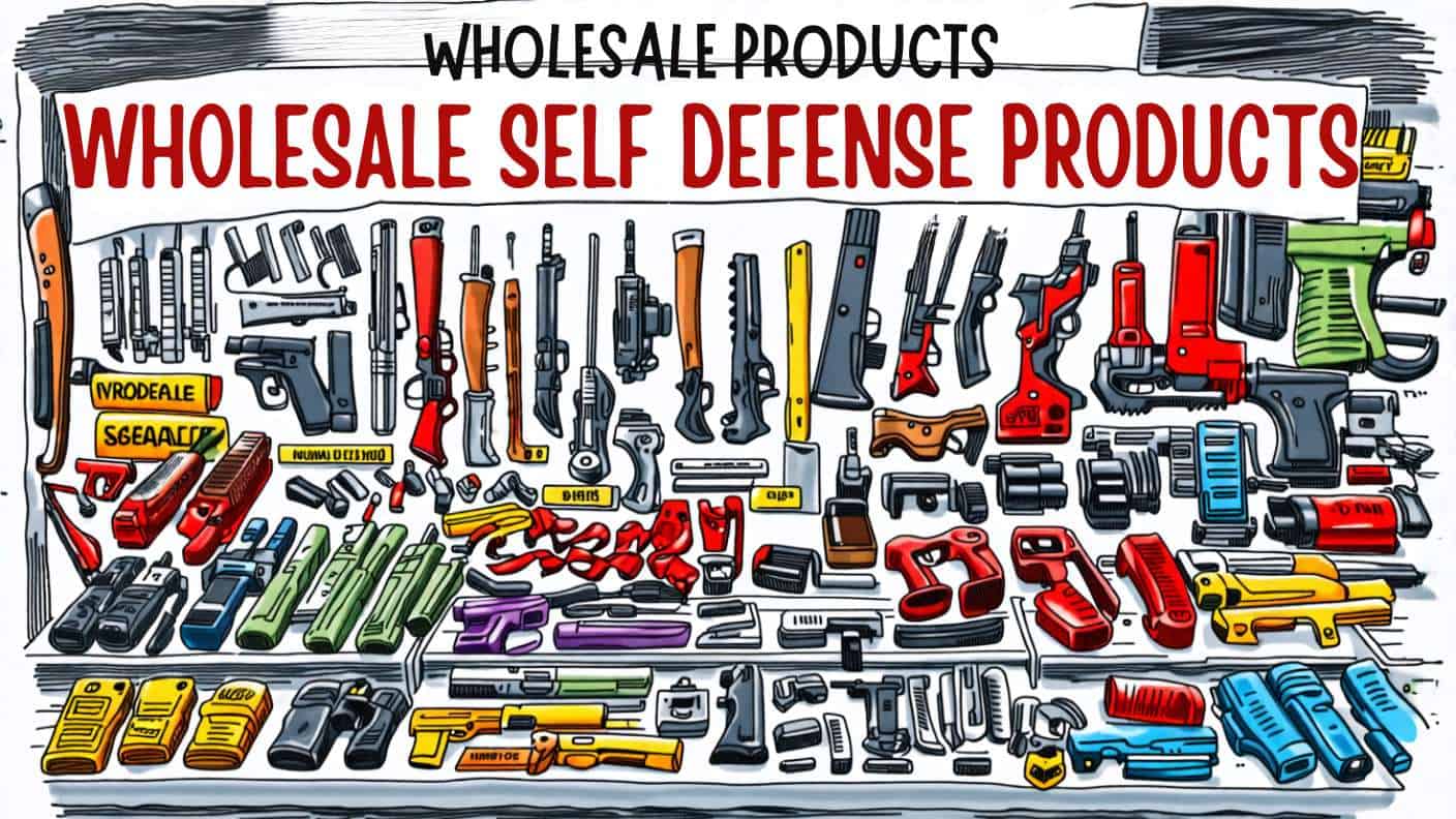 Display of wholesale self-defense products, including various tools and equipment for safety needs.