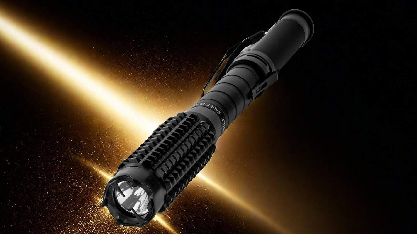 Tactical LED flashlight with a textured grip on a dramatic black and golden background.