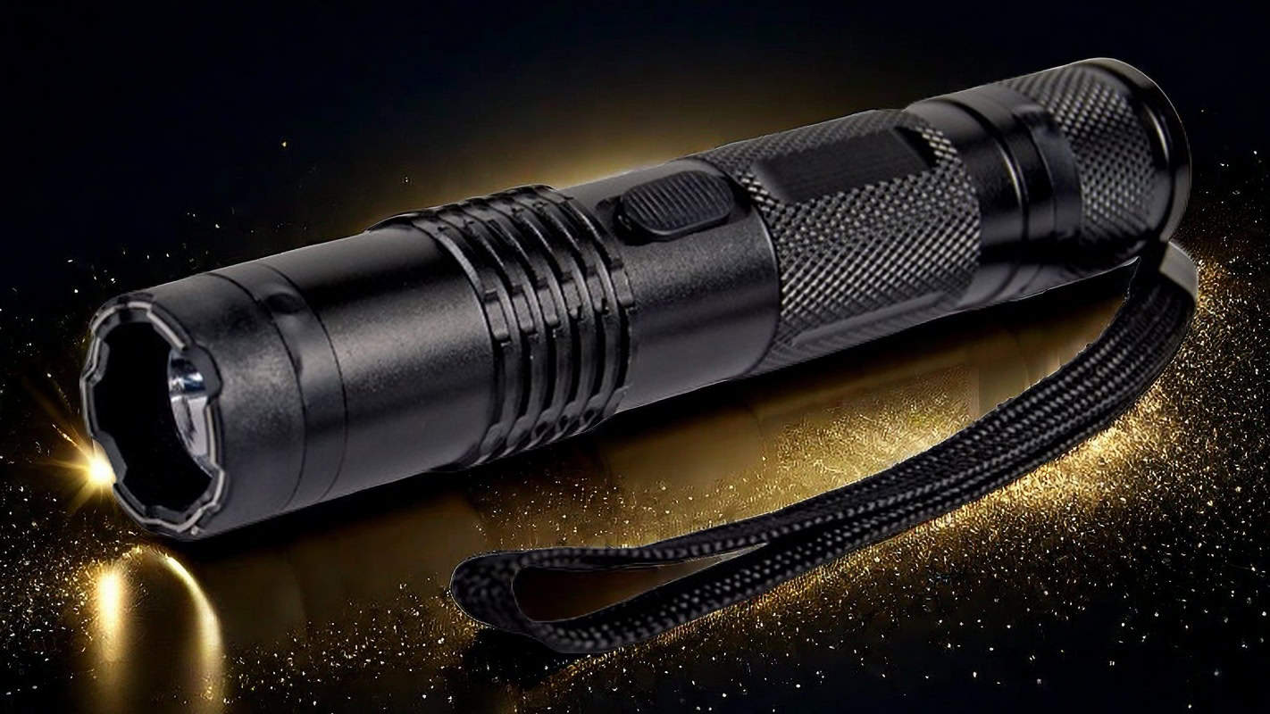 Black tactical flashlight with textured grip and wrist strap, shining brightly on a sparkling dark background.