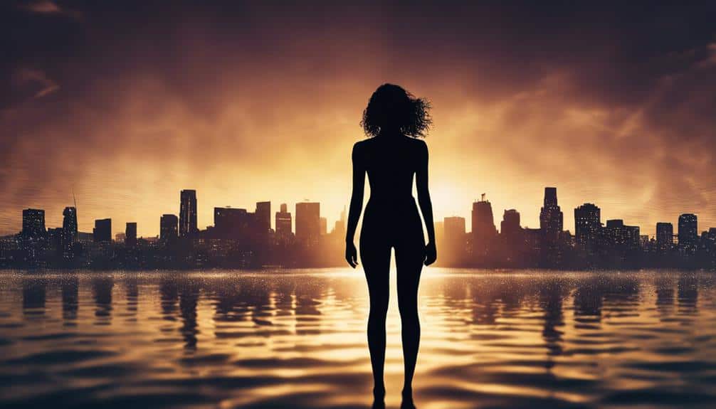 Silhouette of a person standing by water, with a city skyline and vibrant sunset in the background.