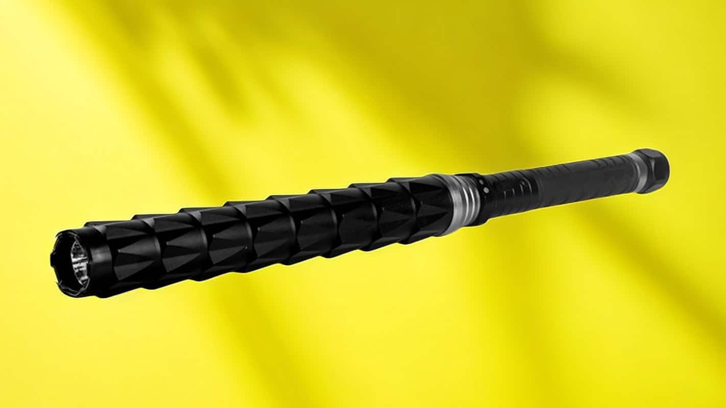 Black textured baton on a vibrant yellow background, showcasing sleek design and grip.