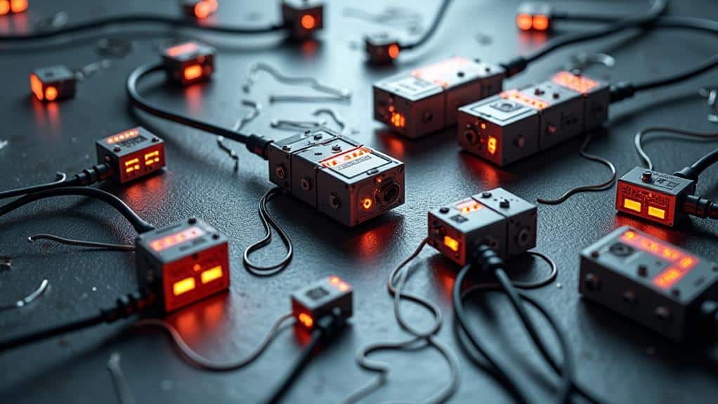 Glowing electronic modules interconnected on a dark surface, illustrating modern technology and connectivity.