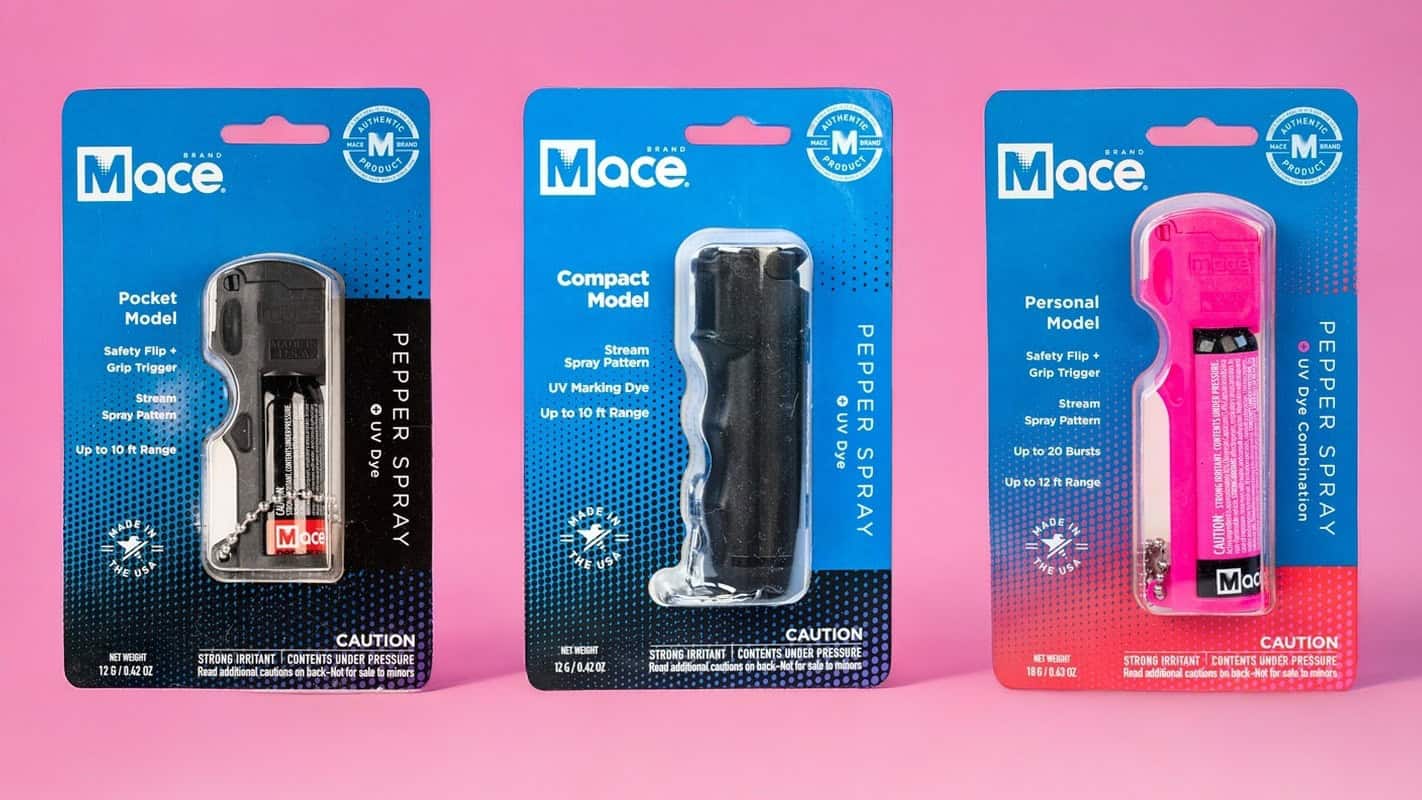 Mace pepper spray products in packaging against a pink background. Models: Pocket, Compact, Personal.