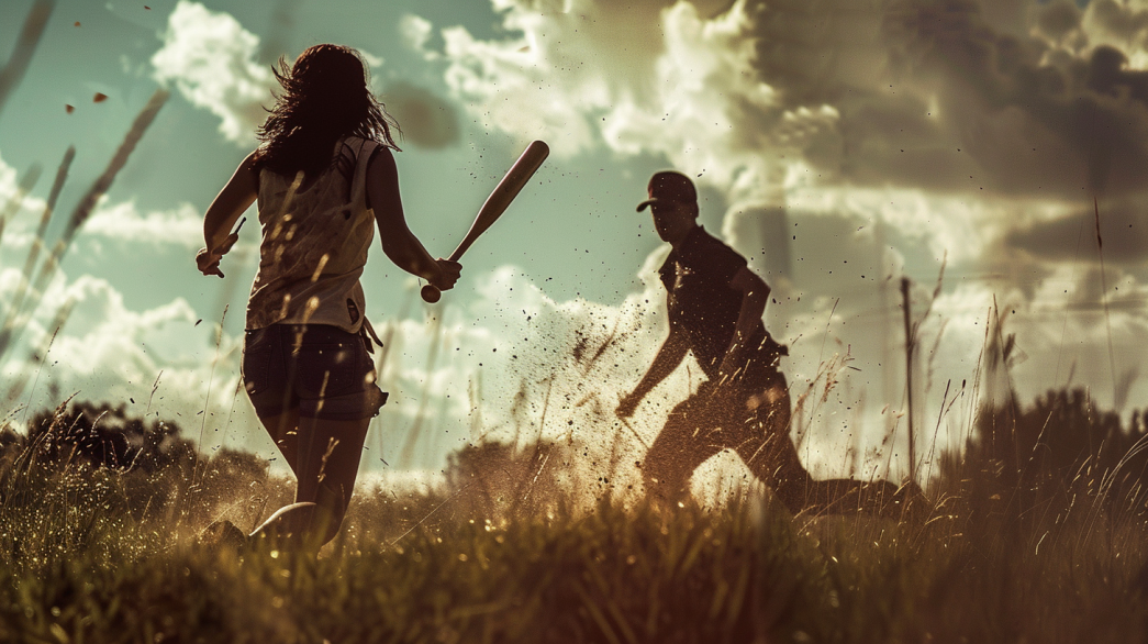 Kids playing baseball in a sunny field, silhouetted against a dramatic sky with grass and dirt flying.