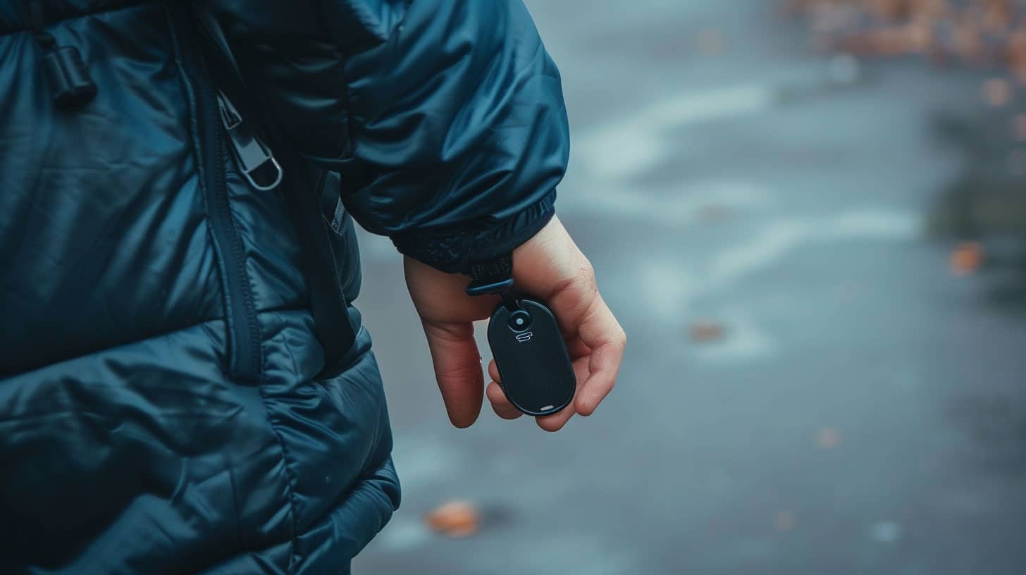 Person holding a black GPS tracker keychain in hand, wearing a blue jacket on a rainy day in the city.