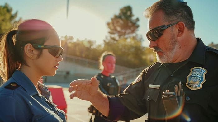 Police Officer Stands Beside A Civilian Woman