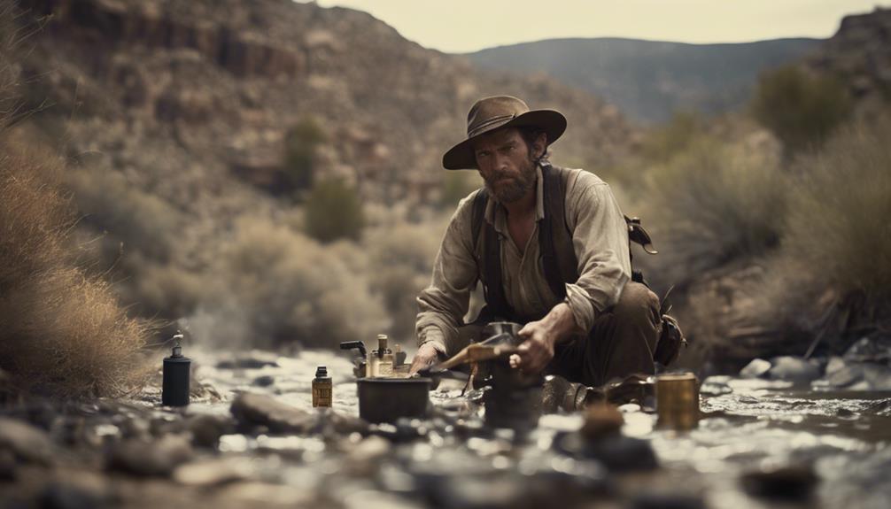 Man panning for gold in a shallow river, surrounded by rugged desert landscape and various tools.