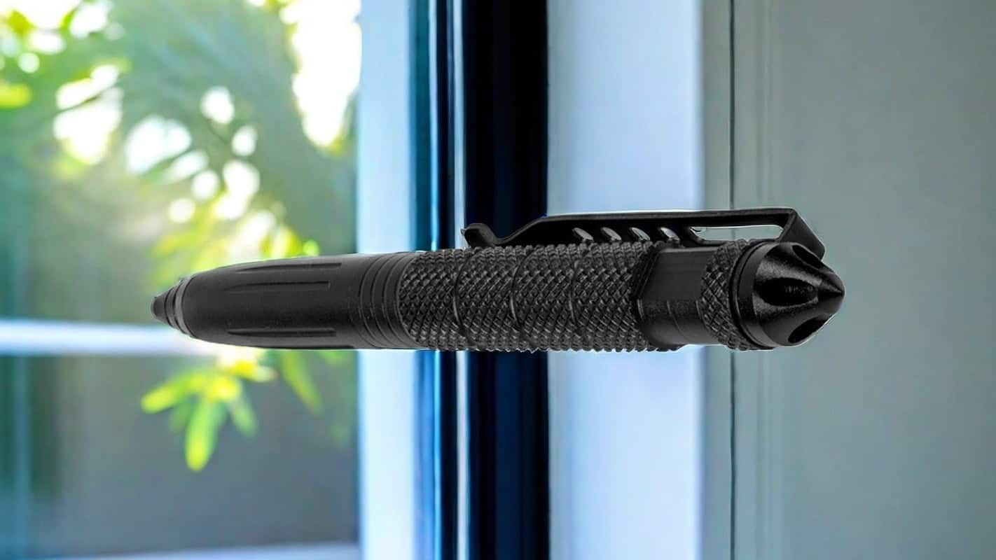 Tactical black pen with glass breaker, close-up view near window background. Ideal for survival and self-defense.