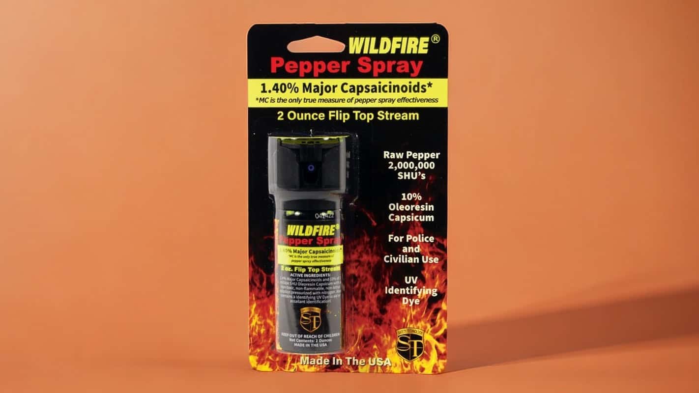 Wildfire pepper spray packaging with 1.40% major capsaicinoids, 2 oz, for police and civilian use. Made in the USA.