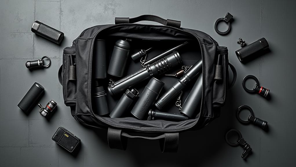 Black tactical bag with various tools and gadgets neatly arranged on a dark surface.