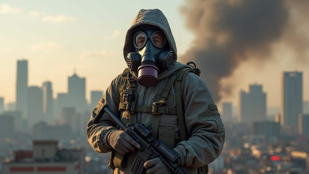 Person in gas mask with a rifle stands in a cityscape under a smoky sky, conveying a post-apocalyptic scene.