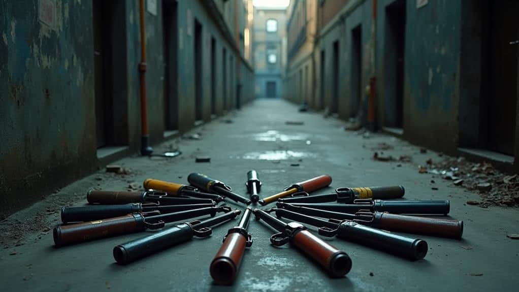 Circle of nunchaku on gritty urban alley floor, dimly lit, with weathered buildings lining the path.